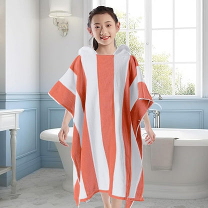 VOOVA & MOVAS Big Kids Hooded Towel Poncho | Large, Soft, Absorbent Cotton | 8-16Years | Versatile for Pool, Swim,Beach and Bathroom | Orange Cabana Stripe