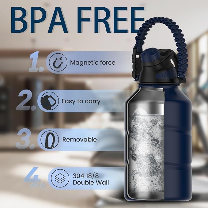 Insulated Half Gallon Water Bottle 64oz with Magnetic Lid,Stainless Steel Double-Wall Vacuum Leak Proof Sports Insulated Jug with Paracord Handle, Keep Water Hot & Cold for Outdoor,Gym