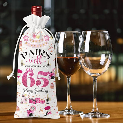 65th Birthday Gifts for Women Men Wine Bag, 65 Year Old Birthday Gifts for Women, 65th Birthday Party Decorations for Women Men, Pairs Well with Turning 65 Wine Bags (White Pink)
