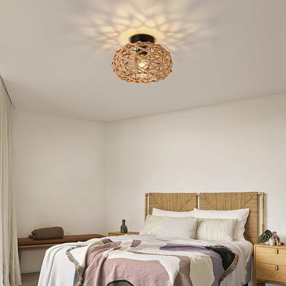 Rattan Ceiling Light Fixtures, Woven Wicker Semi Flush Mount Ceiling Light, Coastal Boho Rattan Ceiling Light for Farmhouse Bedroom Hallway Entryway Kitchen