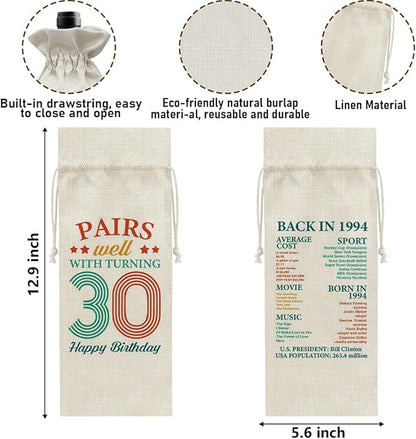 30th Birthday Gifts Wine Bag Congratulations Gifts for Women Men Parents Mom Dad Anniversary Favors 1994 with Time Information Wine Gift Bag