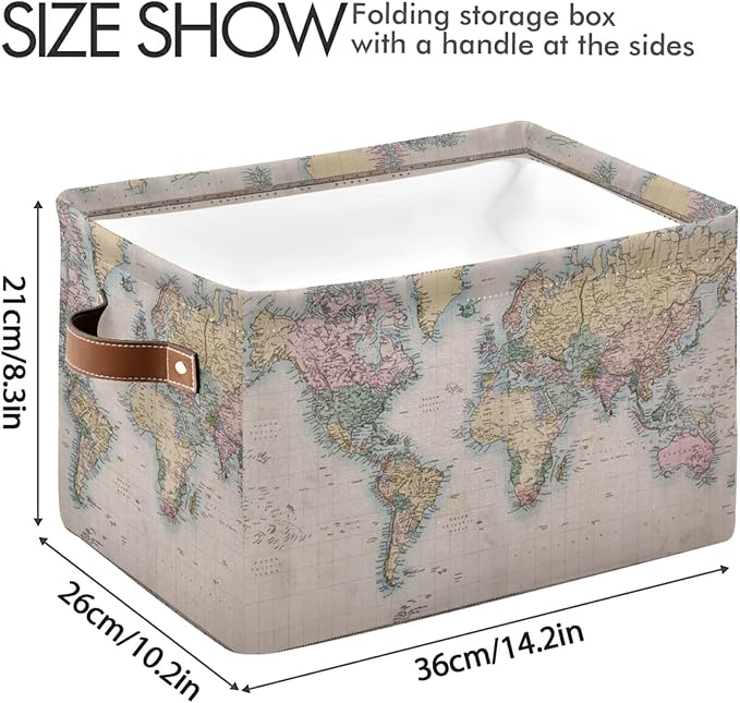 Vintage World Map Storage Basket Collapsible Laundry Organizer with Leather Handles Retro Map Print Rectangular Storage Box Bin 1 PC for Bathroom Clothes Kids Toys Nursery