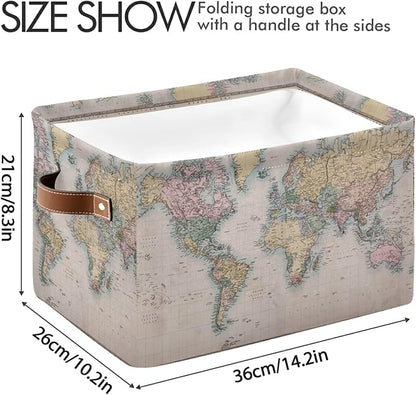 Vintage World Map Storage Basket Collapsible Laundry Organizer with Leather Handles Retro Map Print Rectangular Storage Box Bin 1 PC for Bathroom Clothes Kids Toys Nursery