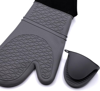Extra Long Oven Mitts and Pot Holder Set for Ultimate Kitchen Safety- Hot Pads and Oven Mitts- Heavy Duty- Silicone Heat Resistant Oven Mitts and Pot Holder Set(Light Gray)