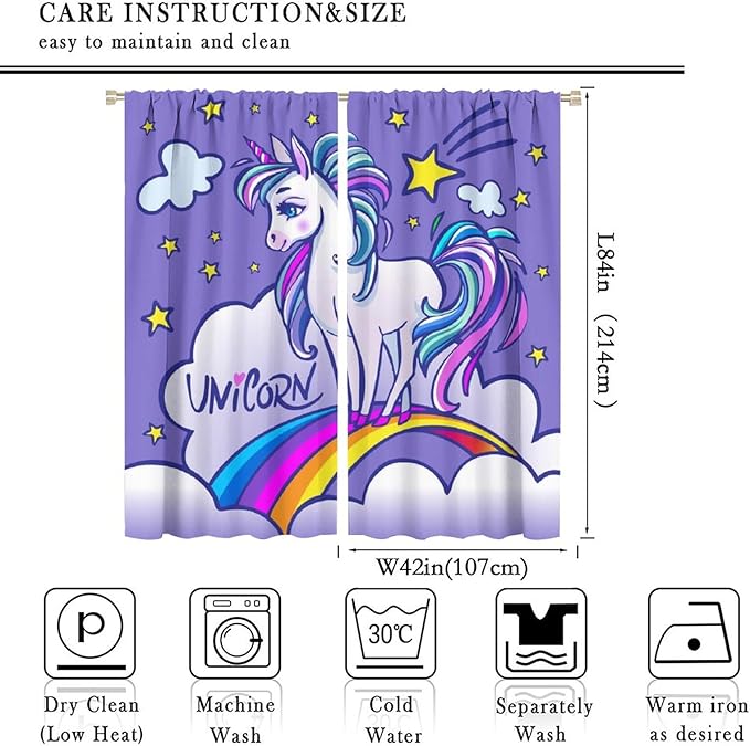 Kids Unicorn Curtains Purple Cartoon Rainbow Cartoon Room Blackout Curtains Boys Girls Baby Room Decor Curtains Living Room Decor 84x84 Inch 2 Panels
