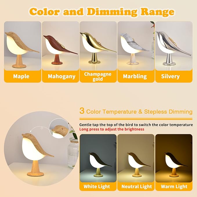 Modern Simple Magpie Led Desk Light Bedroom Study Bedside Lamp Living Room Decorate Touch Bird Floor Lamps Car Aromatherapy Lamp, Maple, brdLIT-shCO0126Luxe01