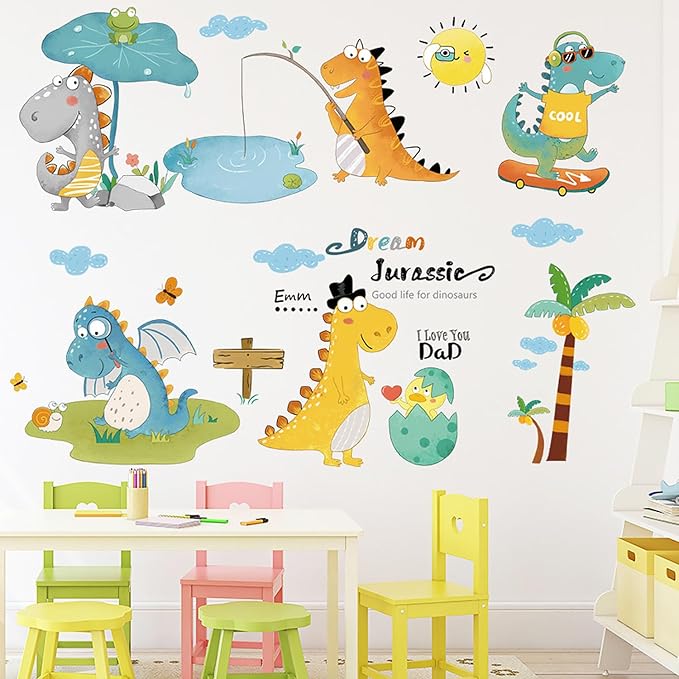 Cartoon Dinosaur Wall Decals Tyrannosaurus Rex Dinosaur Eggs Wall Stickers for Boy's Room Kids Baby Nursery Bedroom Playroom Living Room Wall Decor