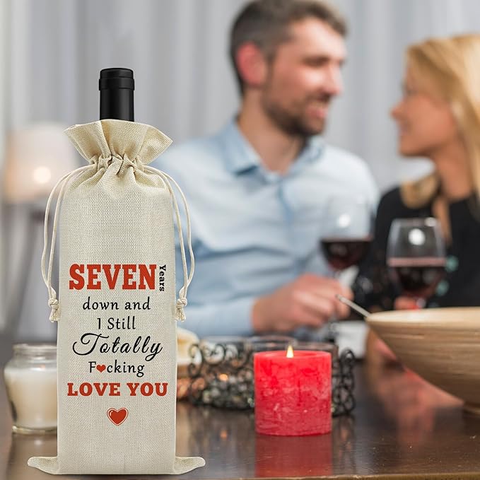 7th Year Marriage Gift for Couple Wife Husband Wine Bag 7th Anniversary Wedding Gift for Women Men Wine Gift Bag Valentine Birthday Christmas Gift for Him Her Drawstring Wine Wrapping Bag