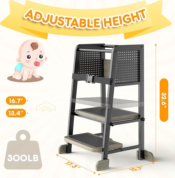 Kitchen Step Stool for Kids, Learning Tower for Toddlers 1-3, Kitchen Tower with Anti-Slip Mat and Adjustable Stand, Wood Metal Standing Stool for Counter, Light Brown and Black