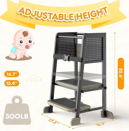 Kitchen Step Stool for Kids, Learning Tower for Toddlers 1-3, Kitchen Tower with Anti-Slip Mat and Adjustable Stand, Wood Metal Standing Stool for Counter, Light Brown and Black