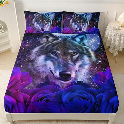 AILONEN Wolf Print Fitted Sheet Set Full Size, Moon Galaxy Wolf Bed Sheet Set Full,3 Pieces Full Romantic Blue Rose Wolf Fitted Sheet with 2 Pillowcases