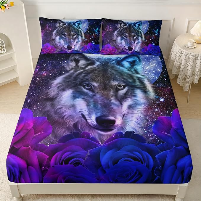 AILONEN Wolf Print Fitted Sheet Set Twin Size, Moon Galaxy Wolf Bed Sheet Set Twin,3 Pieces Twin Romantic Blue Rose Wolf Fitted Sheet with 2 Pillowcases