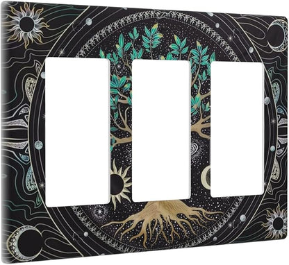 Tree of Life Blackground 3 Gang Rocker Light Switch Plate Hippie Sun Moon Star Triple Decora Outlet Wall Plate Cover Faceplate Decorative Switchcovers GFCI for Bathroom Bedroom Living Room Decorate