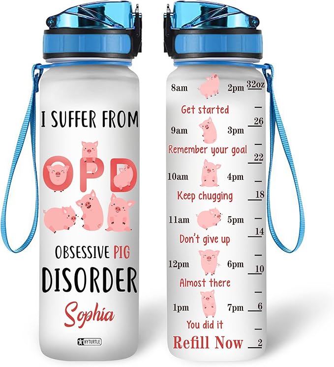 Hyturtle Personalized I Suffer From Obsessive Pig Disorder 32Oz Liter Motivational Water Bottle, Customized Name With Time Marker, Gift For Women Men Friends Kids Pig Lovers On Birthday Mother's Day