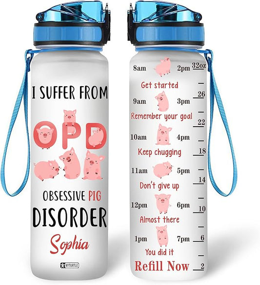 Hyturtle Personalized I Suffer From Obsessive Pig Disorder 32Oz Liter Motivational Water Bottle, Customized Name With Time Marker, Gift For Women Men Friends Kids Pig Lovers On Birthday Mother's Day