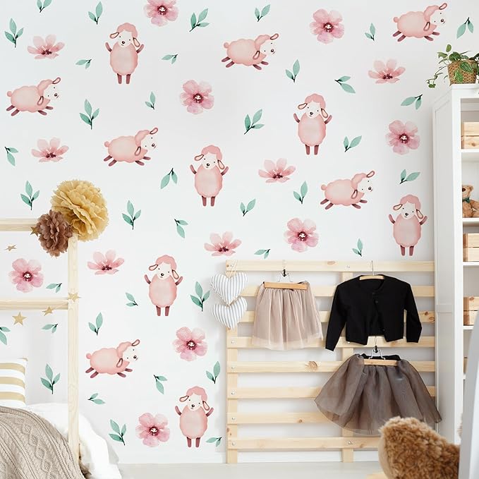 5 Sheets Cartoon Animal Wall Decal Removable DIY Pink Sheep Wall Decal Peel and Stick Flowers and Leaves Wall Stickers Wall Art for Baby Nursery Bedroom Living Room Playroom Decor