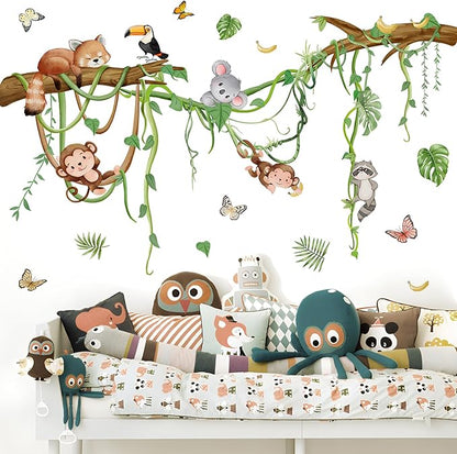 Removable Jungle Animals Wall Decals Peel and Stick Safari Monkey Climbing Tree Wall Stickers Vinyl Sloth Butterfly Vine Mural Art Decor for Kids Nursery Bedroom Living Room Sofa TV Wall