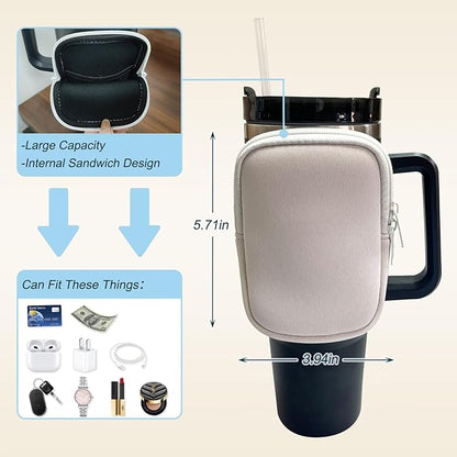 Water Bottle Pouch for Stanley Quencher Adventure 40oz & Stanley IceFlow 20oz 30oz,Tumbler Pouch with Pocket, for Keys, Wallet, Cards, Earphone,Compact, Versatile (White)