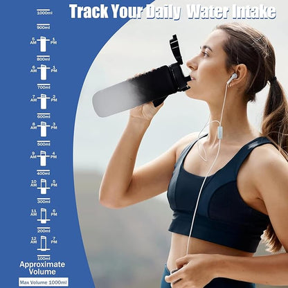 32oz/1L Water Bottle, Sports Water Bottle with Times to Drink & Lock Cover+Strainer,BPA-Free, Leakage Proof, Sports Drink Bottle for Bicycle, Outdoor, Gym, School, Reusable Daily(Black-Gray)