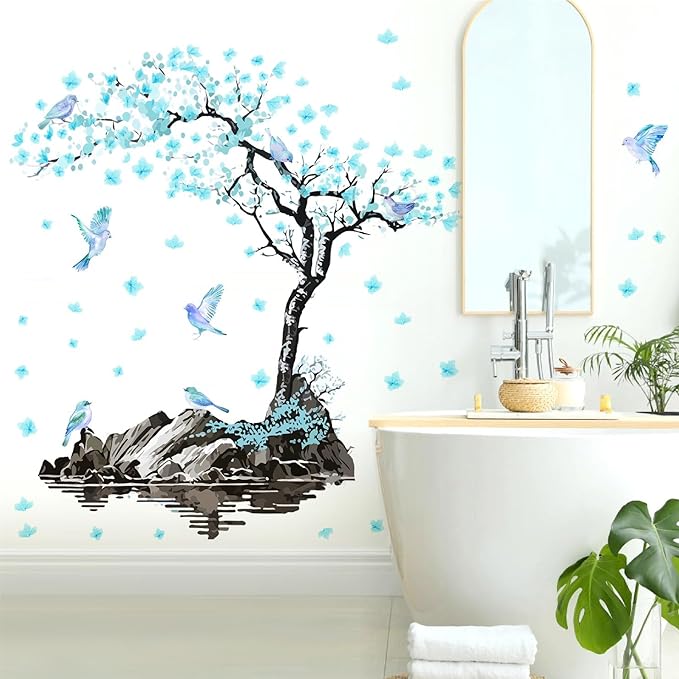 Large Flower Tree Wall Decals Blue Blossom Floral Wall Stickers Peel and Stick Wall Art Mural for Girls Bedroom Living Room Watercolor Bird Tree Branch Wall Stickers for Kitchen TV Background Decor