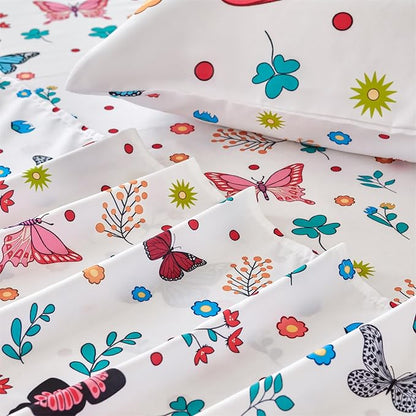 RYNGHIPY Girls Bed Sheets Twin: Butterfly Sheets Set for Girls Kids Bedsheets Deep Pocket 100% Microfiber Print Sheet Pillowcase Sets (Multicolor,Twin)