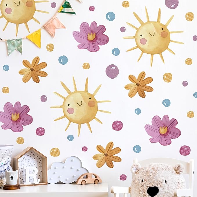 Watercolor Boho Smiling Sun Wall Decals Removable DIY Colorful Flowers Wall Decal Peel and Stick Dewdrops Wall Stickers Wall Art for Baby Nursery Bedroom Living Room Playroom Decor