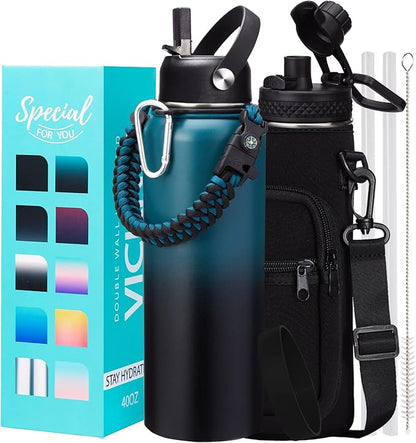 40OZ Vacuum Insulated Water Bottle - Keep Cold 48H Hot 24H, Combo Straw & Spout Lids, Survival Paracord Handle, Bottle Carrier Bag w/ Strap, Protective Cup Mat, Stainless Steel Waterbottle Flask Jug