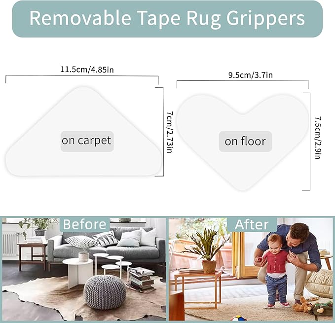 Non Slip Rug Grippers, 12 Pairs Anti Slip Rug Tape Keep Corners Flat, Kitchen Rugs and Mats Non Skid Washable Carpet Tape, Carpet Pad Rug Grippers for Hardwood Floors and Area Rugs