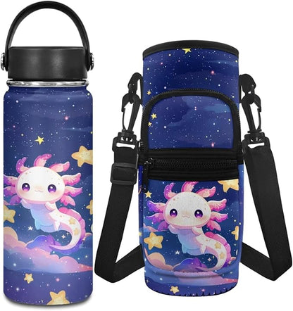 Axolotl 18 OZ Stainless Steel Water Bottle Starry Sky 2 Pcs Water Bottle Holder Carrier Sling Water Bottle Pouch Sleeve Insulated Water Bottle