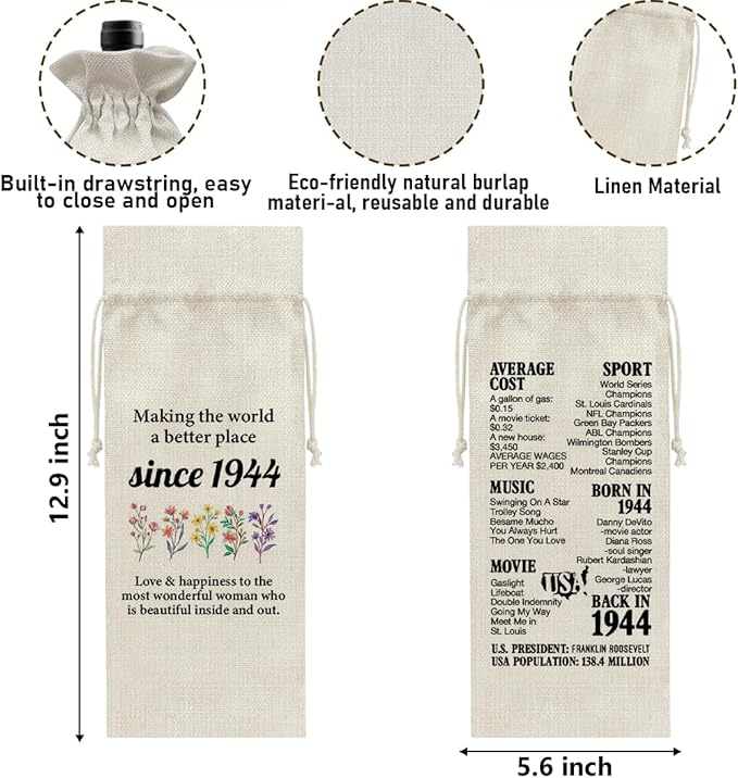 80th Birthday Gifts Wine Bag Congratulations Gifts for Women Men Parents Mom Dad Anniversary 1944 with Time Information Wine Gift Bag