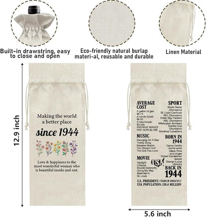 80th Birthday Gifts Wine Bag Congratulations Gifts for Women Men Parents Mom Dad Anniversary 1944 with Time Information Wine Gift Bag