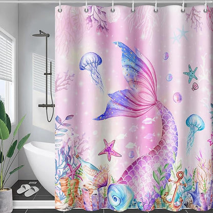 AILONEN Mermaid Shower Curtain for Kids Women Girls, Pink Ocean Coral Jellyfish Coast Bathroom Curtain,Mermaid Tail Print Bath Curtain 72" W*84" H Polyester Waterproof Shower Curtain with 12 Hooks