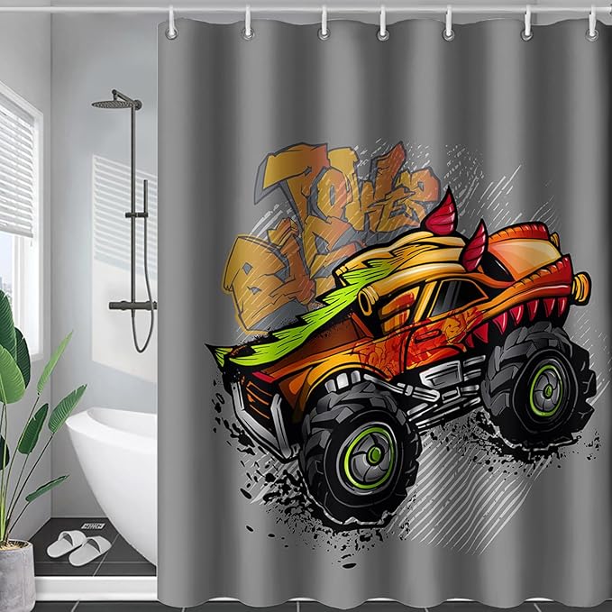 AILONEN Truck Shower Curtain for Kids Boys Teens,Red Monster Truck Bath Curtain for Bathroom Decor,Jam Truck Polyester Waterproof with 12 Plastic Hooks 72" W*84" H