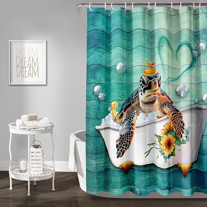 AILONEN Cute Sea Turtle Shower Curtain Set for Bathroom,Cartoon Funny Bathtub Turtle Bath Curtain,Sunflower Theme Waterproof Fabric Shower Curtain with Hooks,36" W*72" H