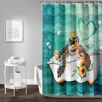 AILONEN Cute Sea Turtle Shower Curtain Set for Bathroom,Cartoon Funny Bathtub Turtle Bath Curtain,Sunflower Theme Waterproof Fabric Shower Curtain with Hooks,72" W*78" H