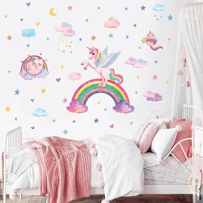 MORCART Rainbow Wall Decal Unicorn Wall Stickers Moon Cat Hearts Clouds Watercolor Stars Removable Vinyl Decals for Nursery Kids Girls Bedroom Birthday Party Wall Decor