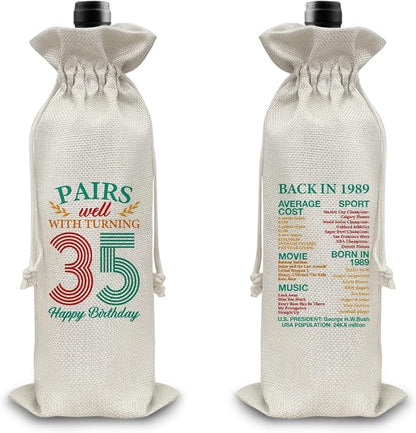 35th Birthday Gifts Wine Bag Congratulations Gifts for Women Men Parents Mom Dad Anniversary Favors 1989 with Time Information Wine Gift Bag