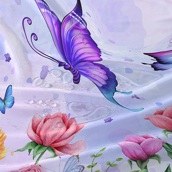 AILONEN Girls Butterfly Shower Curtain for Bathroom,Colorful Floral Flower Purple Watercolor Butterfly Printed Bath Curtain 60" W*72" H Polyester Fabric Waterproof Bathroom Curtain with 12 Hooks