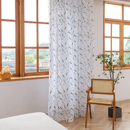 Windows Sheer Curtains Embroider Dark Green Leaf 95 Inches Length 2 Panels Voile Light Filtering Sheer Curtains Panel Basic Rod Pocket for Bedroom Living Room Children Room