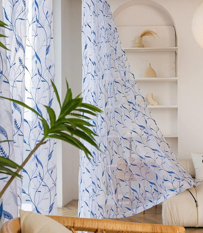 Windows Sheer Curtains Embroider Blue Leaf 108 Inches Length 2 Panels Voile Light Filtering Sheer Curtains Panel Basic Rod Pocket for Bedroom Living Room Children Room