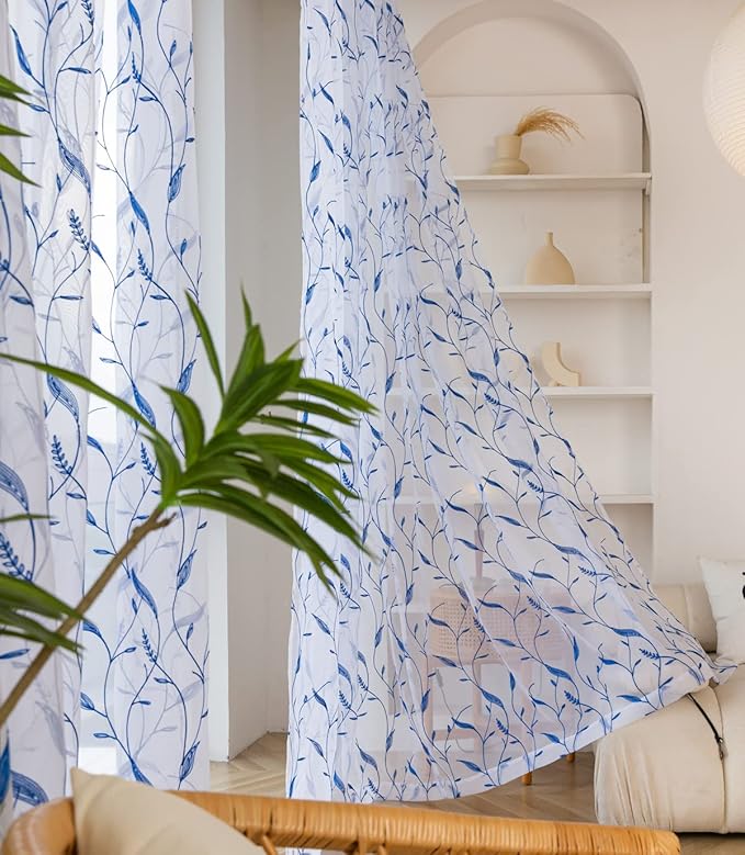 Windows Sheer Curtains Embroider Blue Leaf 84 Inches Length 2 Panels Voile Light Filtering Sheer Curtains Panel Basic Rod Pocket for Bedroom Living Room Children Room