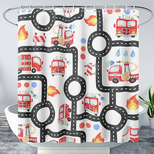 AILONEN Fire Truck Shower Curtain for Boys Bathroom Decor,Firemen Truck Bath Curtain,Construction Truck Printed Kids Curtain,Waterproof with 12 Plastic Hooks, 72" W x 78" H