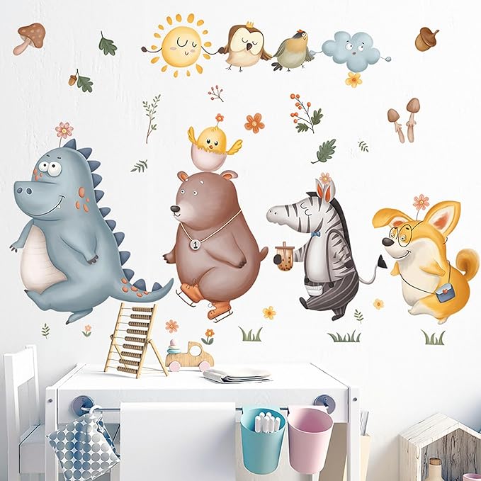 Animals Educational Wall Decals Jungle Animals Dinosaur Bear Zebra Fox Wall Stickers for Daycare Boy Room Girl Room Nursery Baby Room Bedroom Playroom