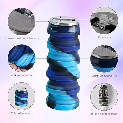BeHeSo Collapsible Water Bottles with Silicone Brush - Straw Silicone Foldable Water Bottle Reusable Camping Cup Leak Proof Portable Travel Sport Water Bottle-500ml/17oz (Blue Camo)