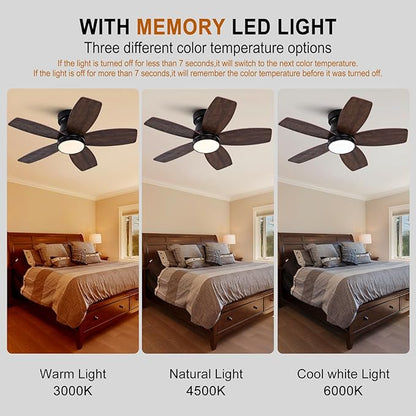 30 inch Ceiling Fans with Lights and Remote,Flush Mount Black Ceiling Fan,Memory Fuction Reversible Quiet DC Motor Low Profile Ceiling Fans For Living Room Bedroom Indoor Outdoor(Black Walnut)