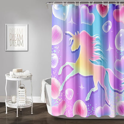 AILONEN Girls Unicorn Shower Curtain for Bathroom, Pink Hearts Rainbow Unicorn Bath Curtain,Cute Unicorn Kids Shower Curtain 72" W*78" H Polyester Waterproof Bathroom Curtain with 12 Hooks