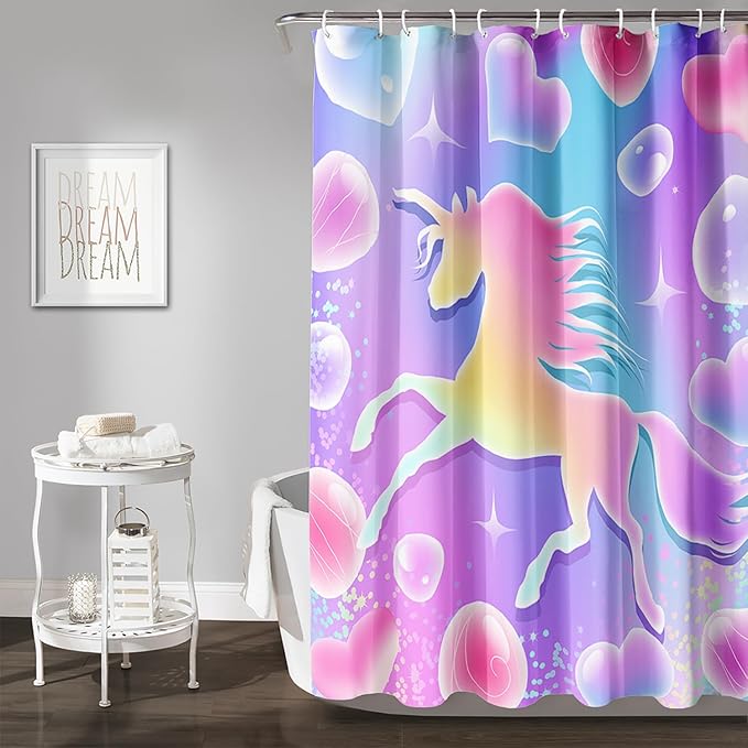 AILONEN Girls Unicorn Shower Curtain for Bathroom, Pink Hearts Rainbow Unicorn Bath Curtain,Cute Unicorn Kids Shower Curtain 48" W*72" H Polyester Waterproof Bathroom Curtain with 12 Hooks
