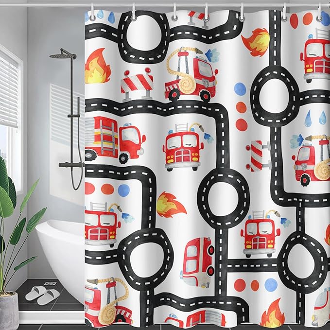 AILONEN Fire Truck Shower Curtain for Boys Bathroom Decor,Firemen Truck Bath Curtain,Construction Truck Printed Kids Curtain,Waterproof with 12 Plastic Hooks, 36" W x 72" H