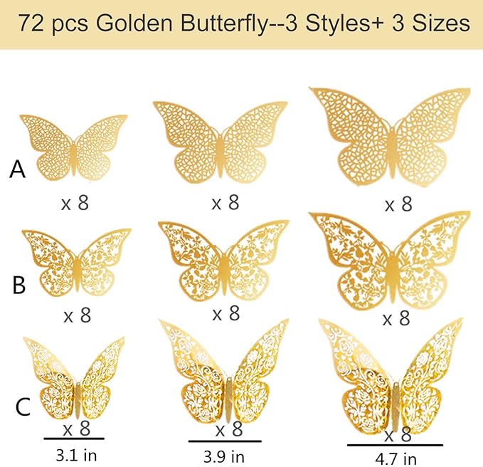 72Pcs 3D Butterfly Wall Decor 3 Sizes 3 Styles, Removable Butterfly Stickers Wall Decals, Butterfly Decorations Party Birthday Cake Decoration for Kids Nursery Wedding Bedroom Room(Gold)