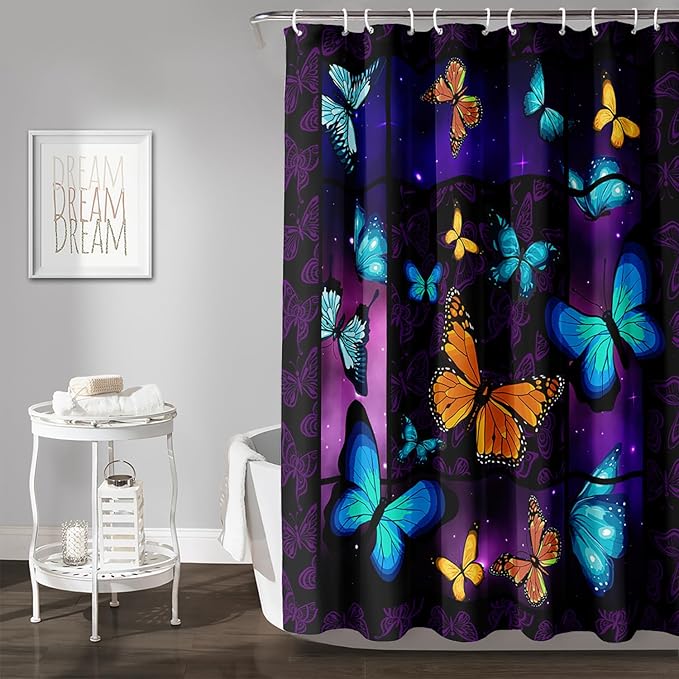 AILONEN Colorful Butterfly Shower Curtain,Animal Shower Curtain 72" W*96" H for Bathroom Decor,Mystic Purple Galaxy Butterfly Modern Shower Curtain Waterproof Bath Curtain with Grommets and 12 Hooks